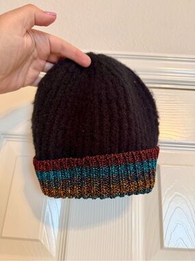 Topshop Fuzzy Knit Beanie Hat Black Metallic Stripe Cuff